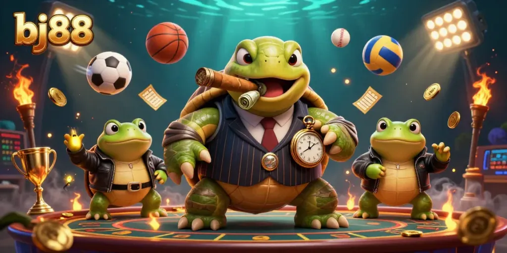 Experience the excitement of bj88 as a massive turtle in a mobster suit leads the action with sports betting elements surrounding it.