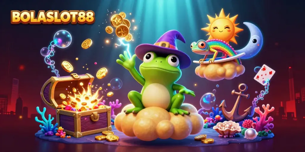 BOLASLOT88 showcases a creative 3D illustration with characters and vibrant casino elements, perfect for engaging players.