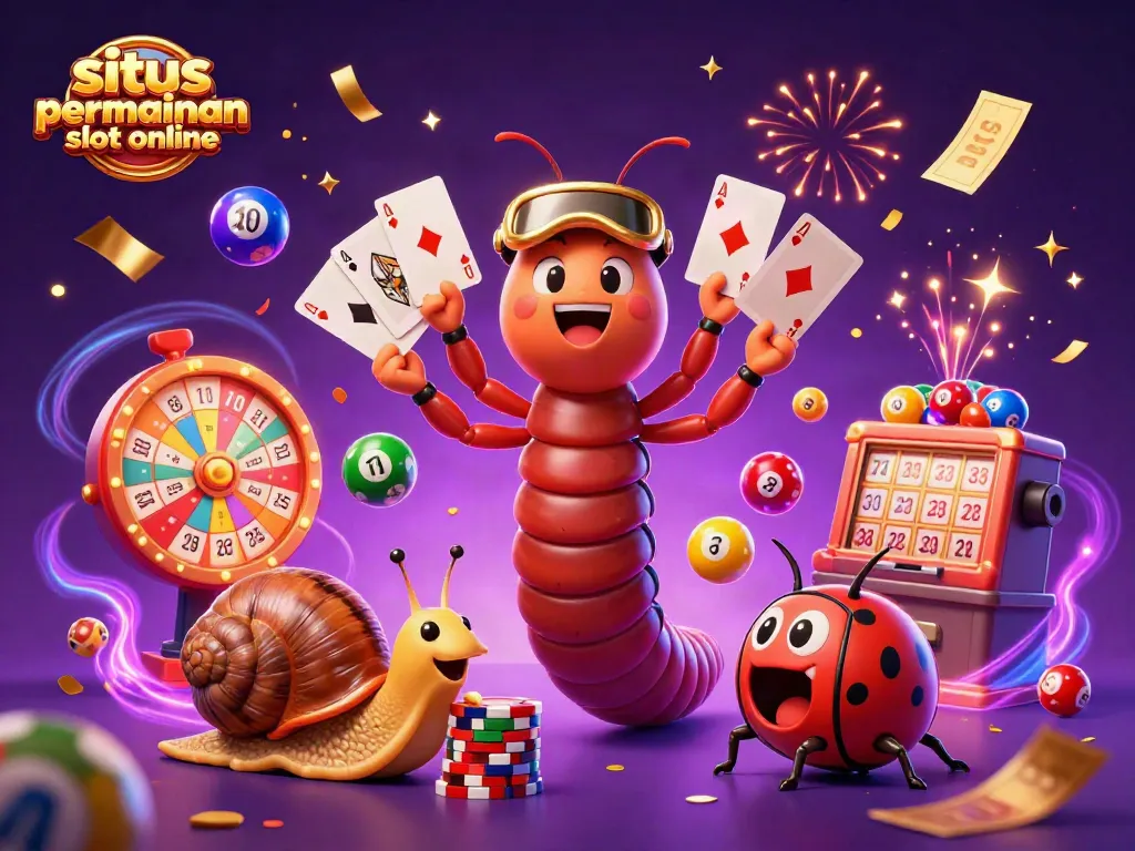 Bermain di situs permainan slot online dengan dealer berukuran besar dan dikelilingi bola lotre berwarna-warni serta kartu bingo yang menggembirakan.