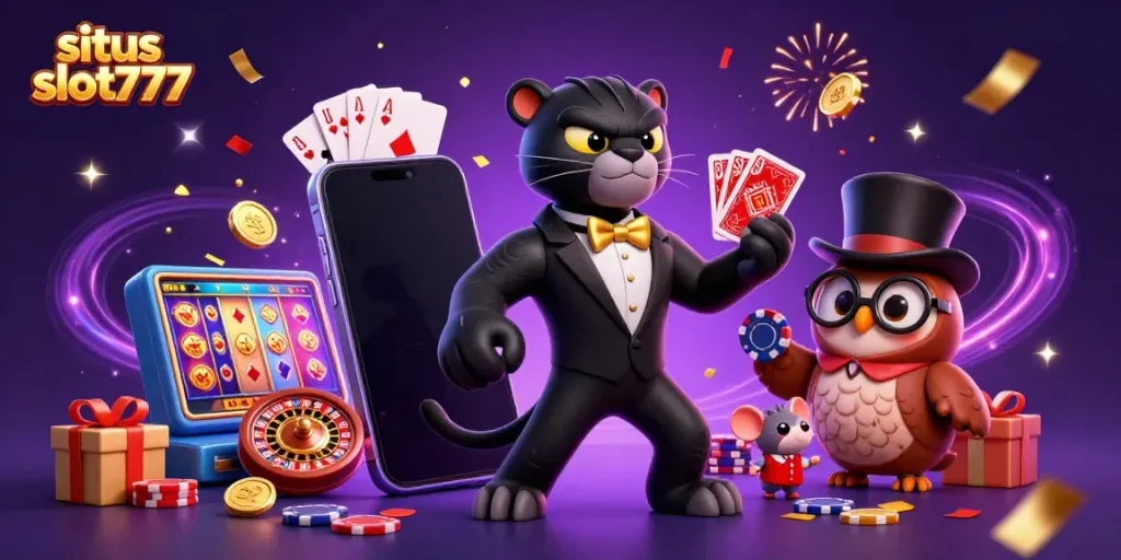 Experience excitement with situs slot777 featuring a stylish panther dealer, an owl with poker chips, and a lucky mouse amidst cascading gold coins and vibrant slot game elements.