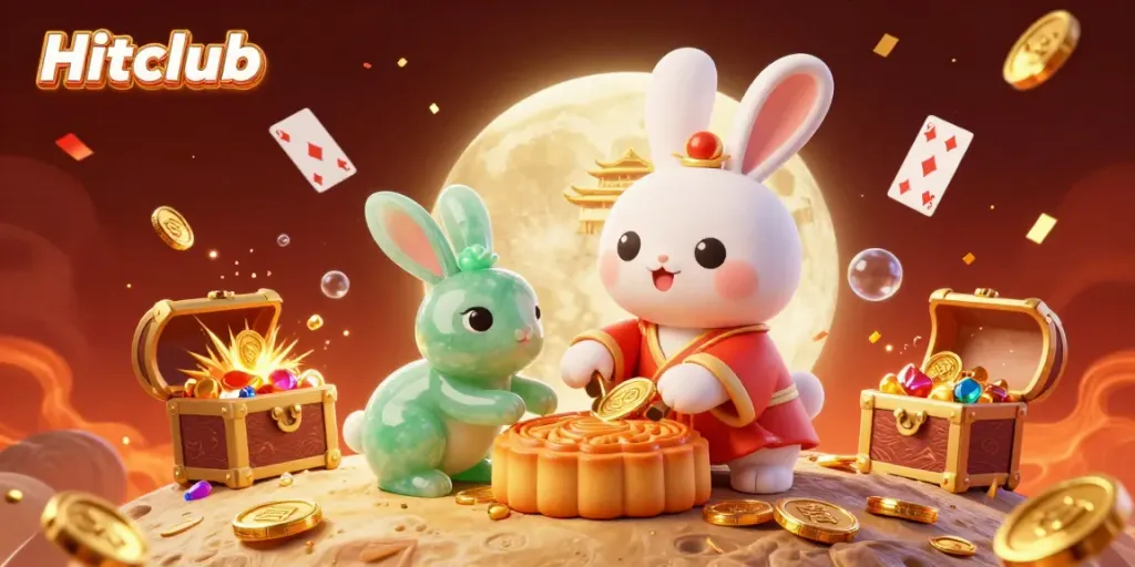 Engage with Hitclub as the moon rabbit reveals poker chips among a vibrant casino-themed lunar celebration.