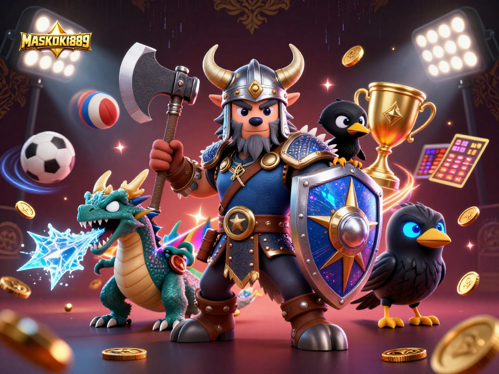Integrate MASKOKI889 gameplay elements featuring a Viking wolf warrior, dragon, and raven in a dynamic sports scene.