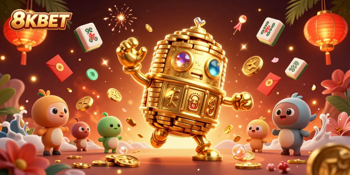 Experience excitement with 8KBET as animated golden golems celebrate winning slots, surrounded by festive casino elements.