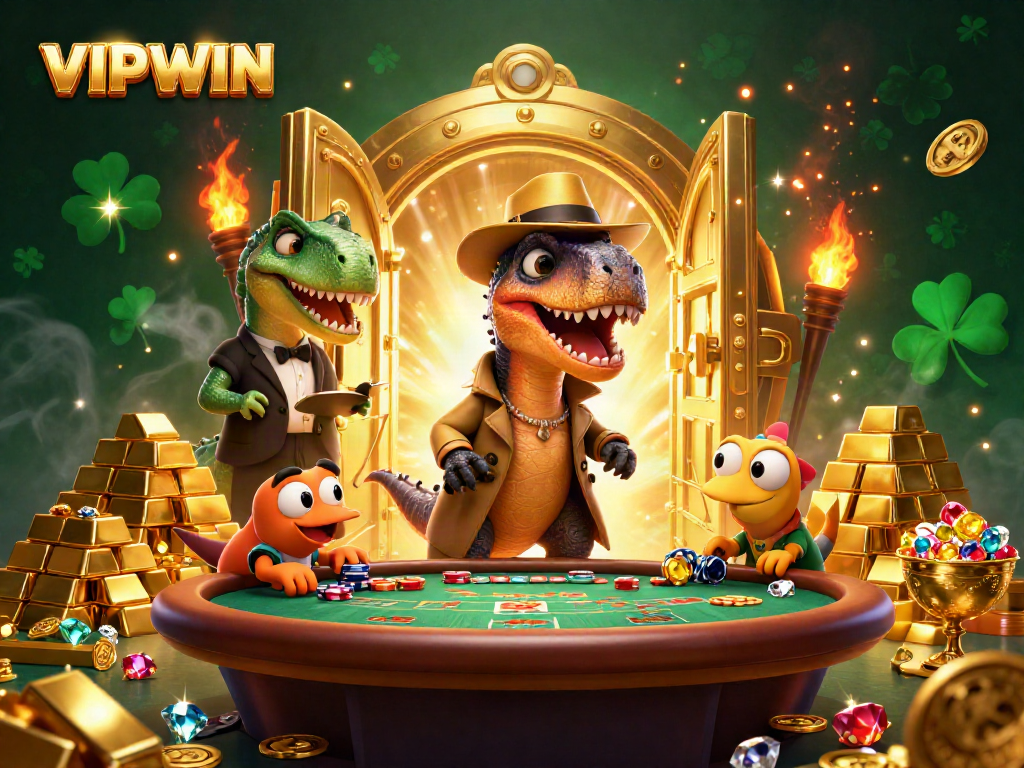Win with excitement at VIPWIN casino, featuring playful velociraptors and dazzling treasure.