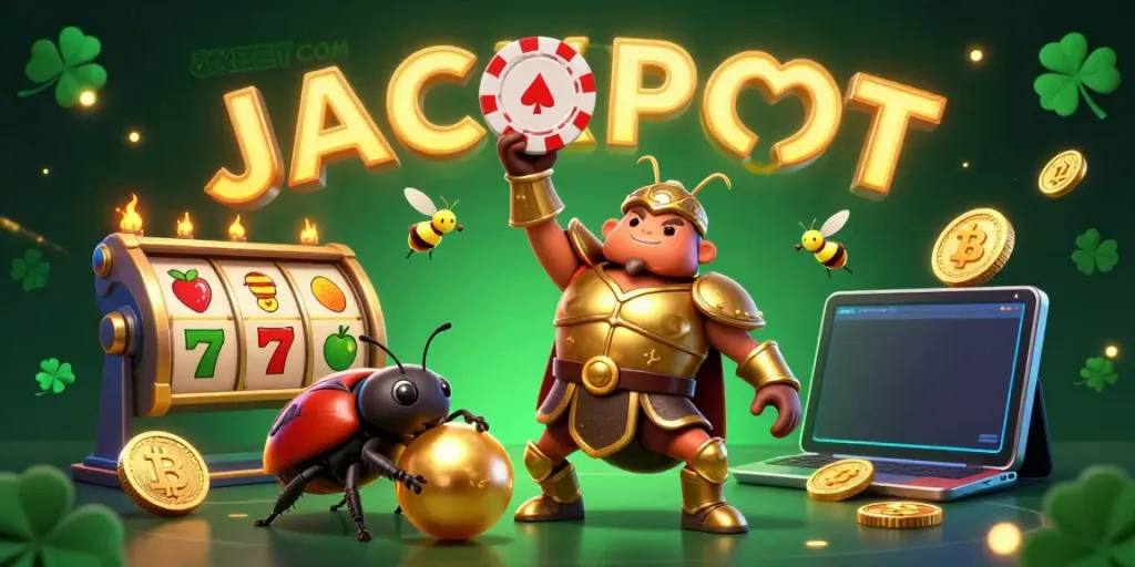 Experience excitement with 8XBET COM showcasing a cartoon beetle in gladiator armor lifting a poker chip amid a jackpot celebration.