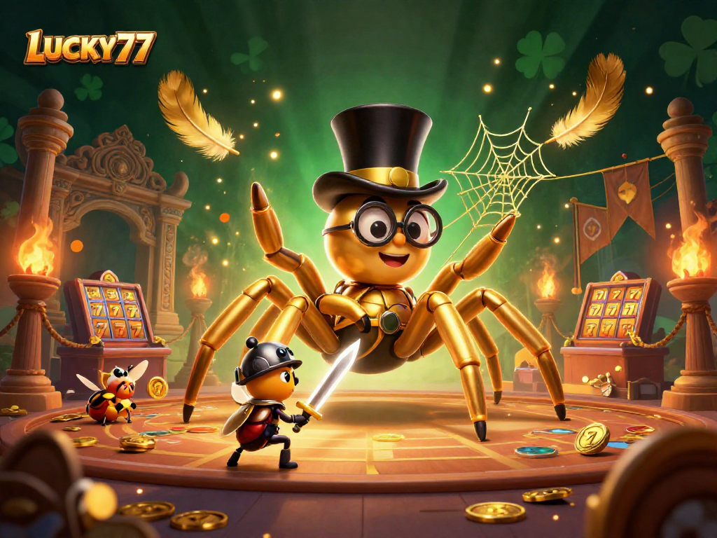 LUCKY77 showcases a 3D cartoon scene of gambling excitement with a golden tarantula and beetle knight.