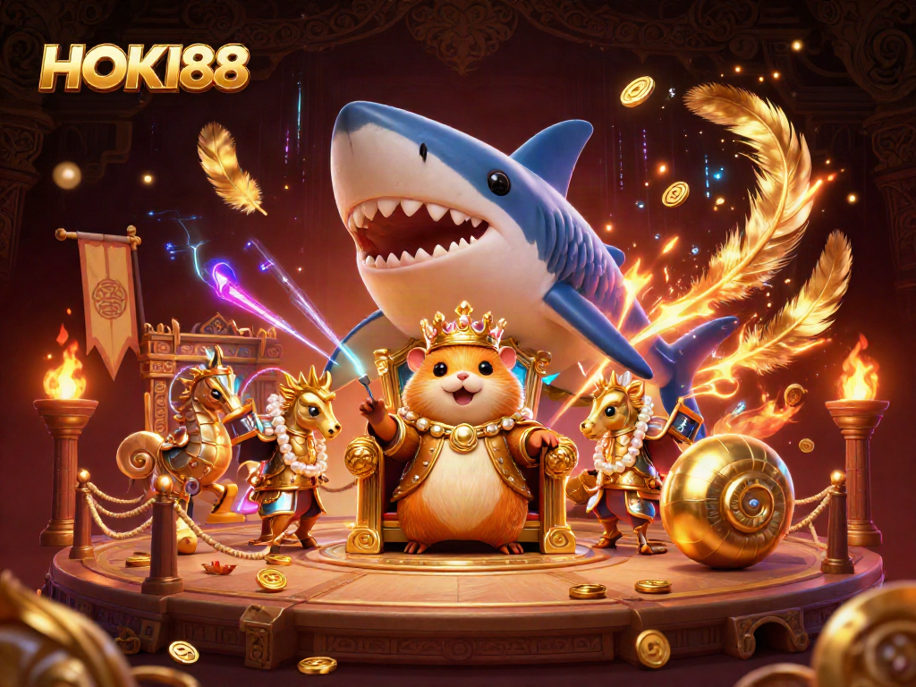 Engage in thrilling casino action with HOKI88 featuring a golden hamster king amidst a lavish gambling scene.