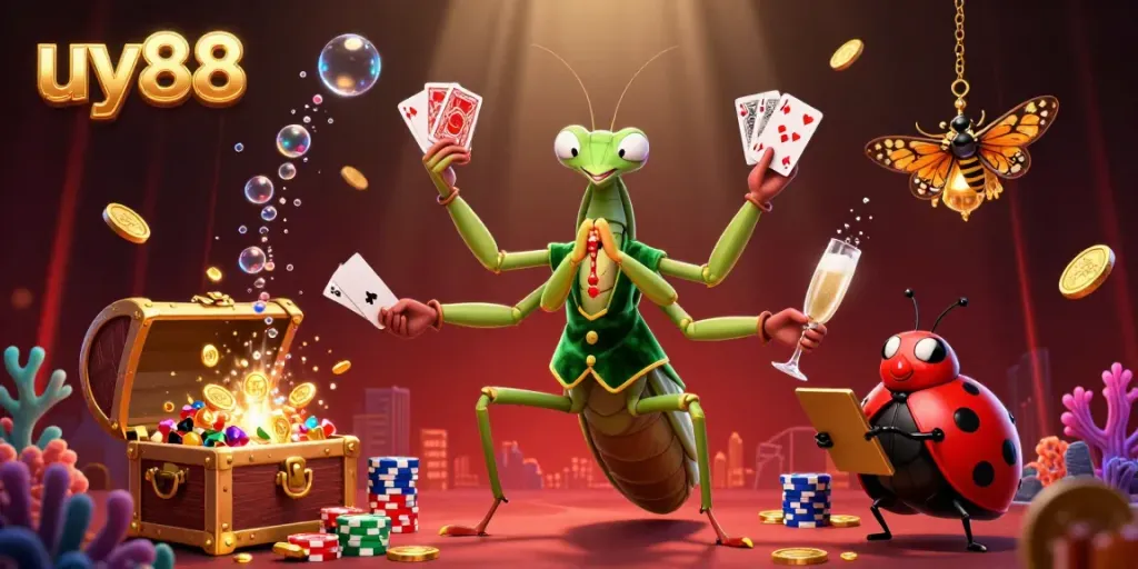 Experience the thrill of uy88 with a giant mantis dealing cards amidst a vibrant underwater casino scene.