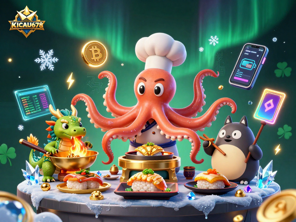 KICAU678 interactive casino experience featuring a sushi chef octopus, dragon, and tanuki in a vibrant 3D illustration.