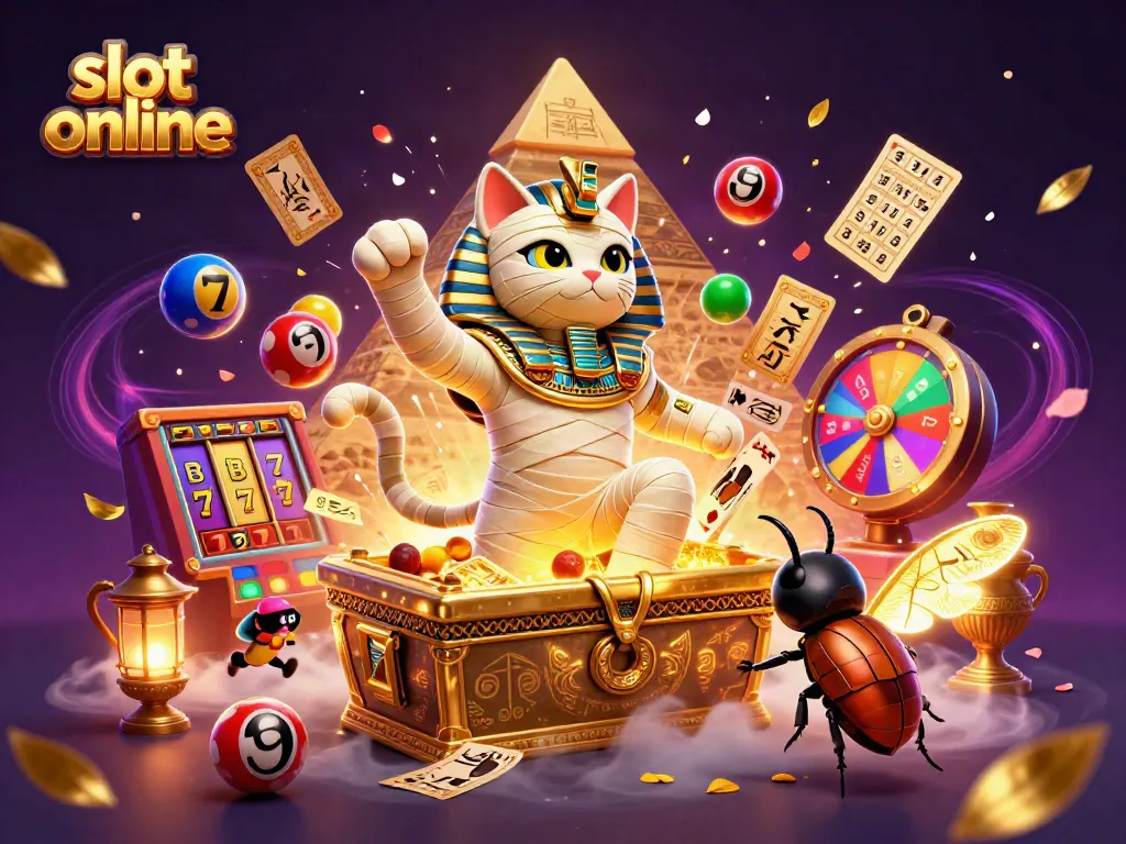 Experience thrilling slot online action with an Egyptian mummy cat in a vibrant casino scene.