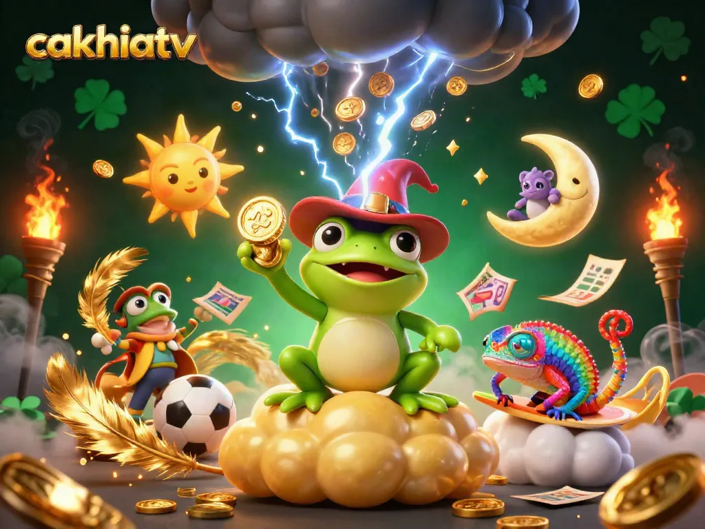 Cakhiatv features a whimsical frog wizard conjuring golden coins in a magical sports storm, showcasing action-packed excitement.