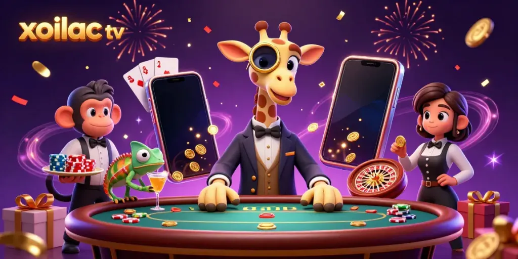 Xoilac TV features vibrant gambling scenes with a high-roller giraffe and colorful casino elements