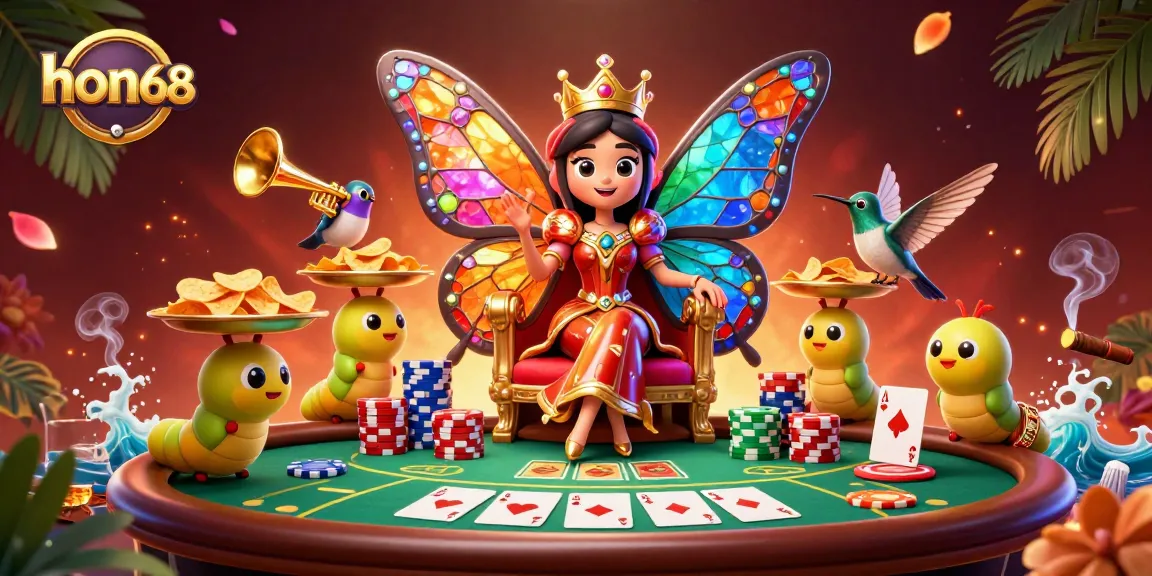Experience the vibrant gameplay at hon68 featuring a butterfly queen in a dazzling 3D casino setting.