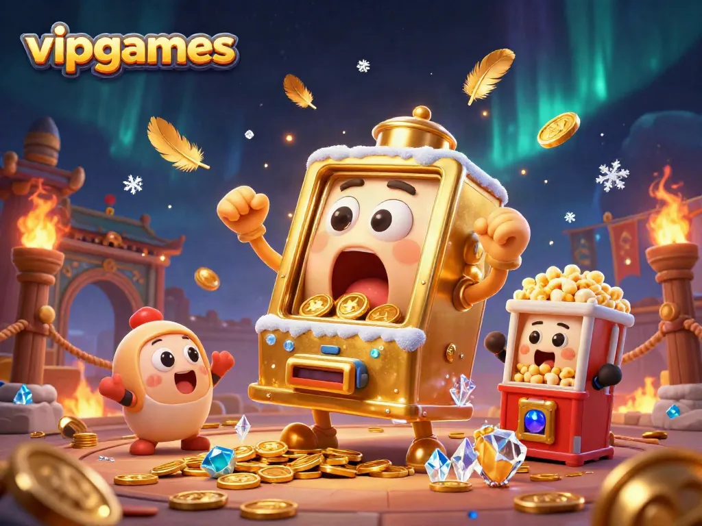 Engage in winning moments at vipgames with a cartoon slot machine celebrating its jackpot amid a festive casino scene.