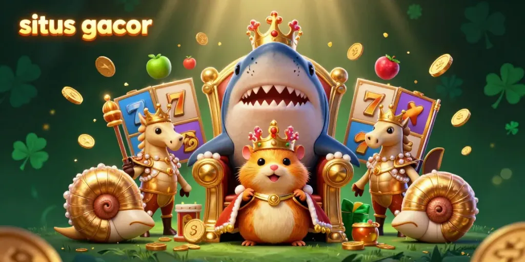 Menghidupkan suasana permainan di situs gacor dengan raja hamster emas dan simbol slot berkilauan.