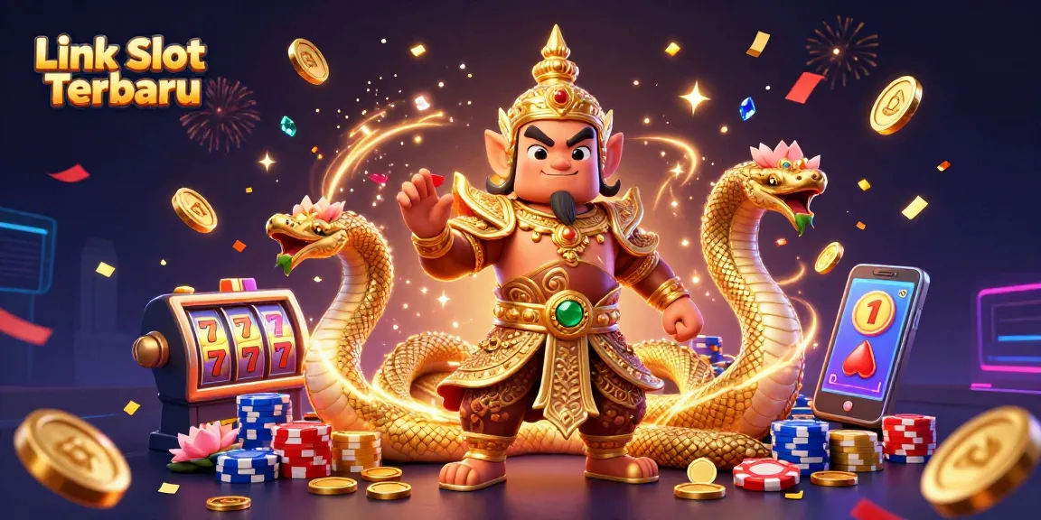 Experience thrilling victories with Link Slot Terbaru, showcasing vibrant slot reels and guardian characters.