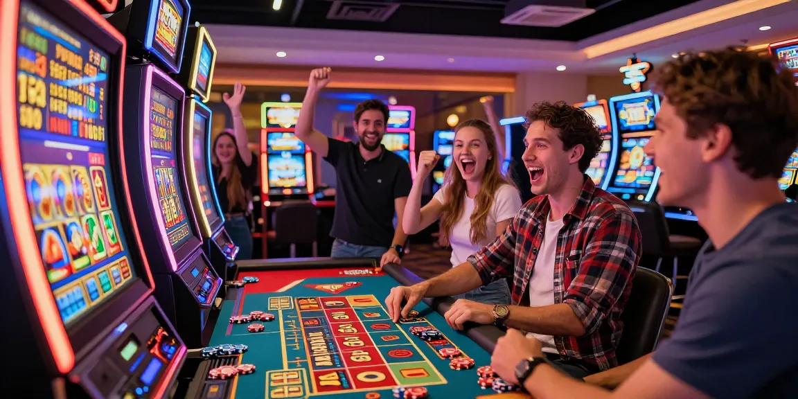 Exciting slot gacor 4d gaming scene with players celebrating wins in a modern casino.