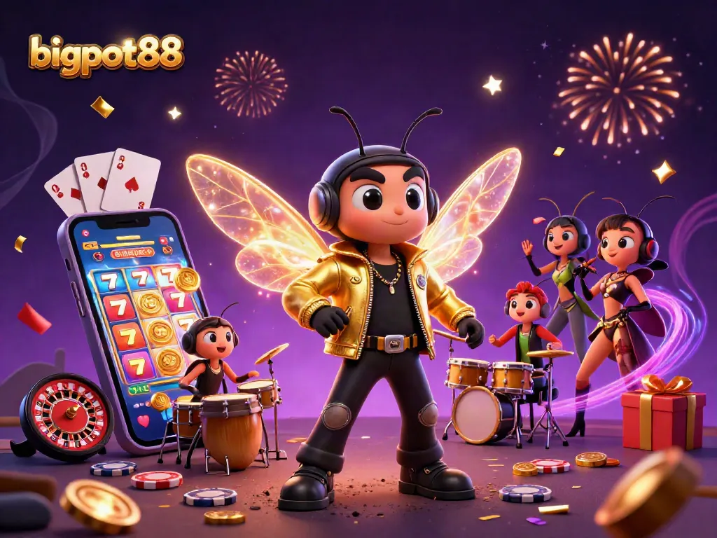 Gambarlah bigpot88 saat bermain slot dengan karakter rock star dan koin emas di layar smartphone.