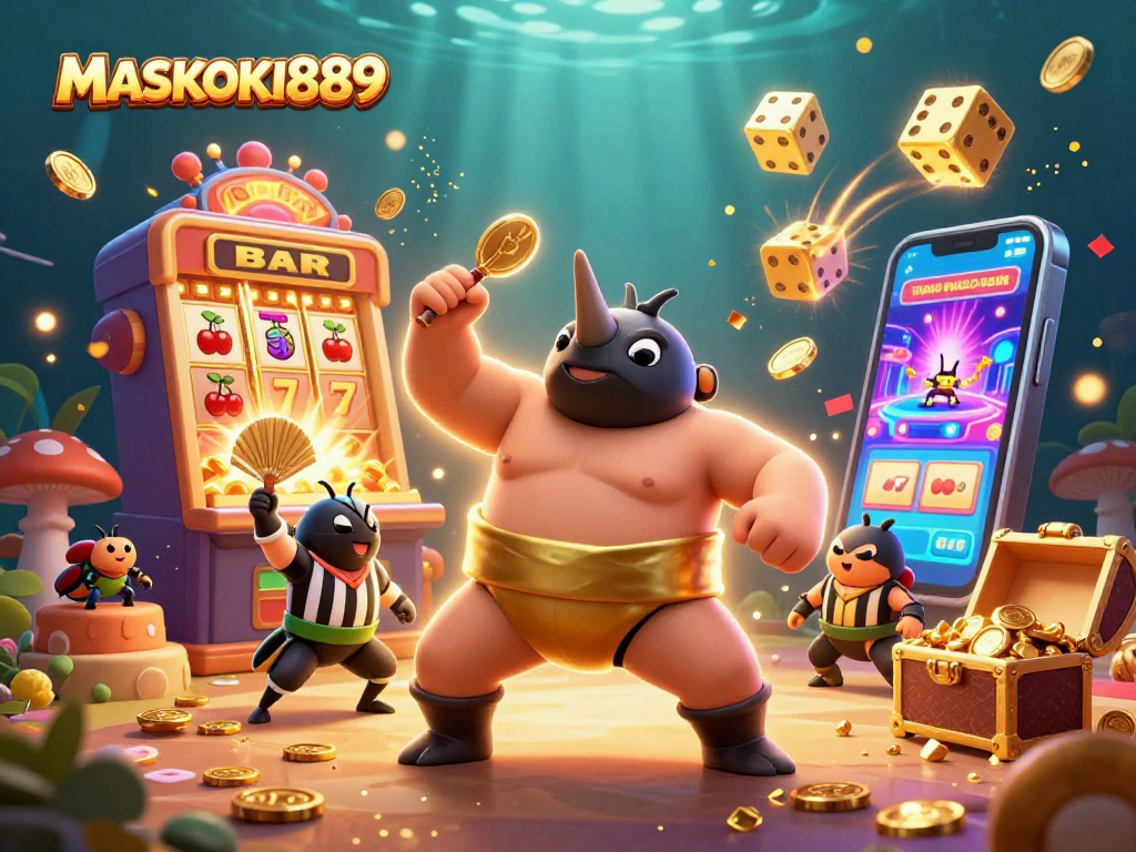 Experience the excitement of MASKOKI889 with a thrilling 3D casino illustration featuring vibrant characters and casino elements.