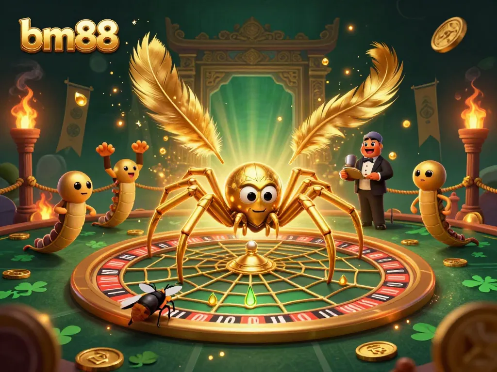 Experience thrilling bets at bm88 with a 3D cartoon spider spinning a roulette web, animated gameplay backdrop.