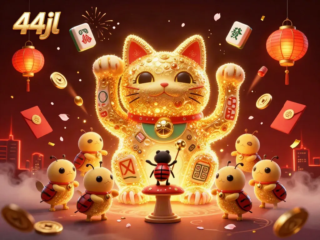 Experience the excitement of 44jl as fireflies shape a lucky cat amidst vibrant casino symbols.