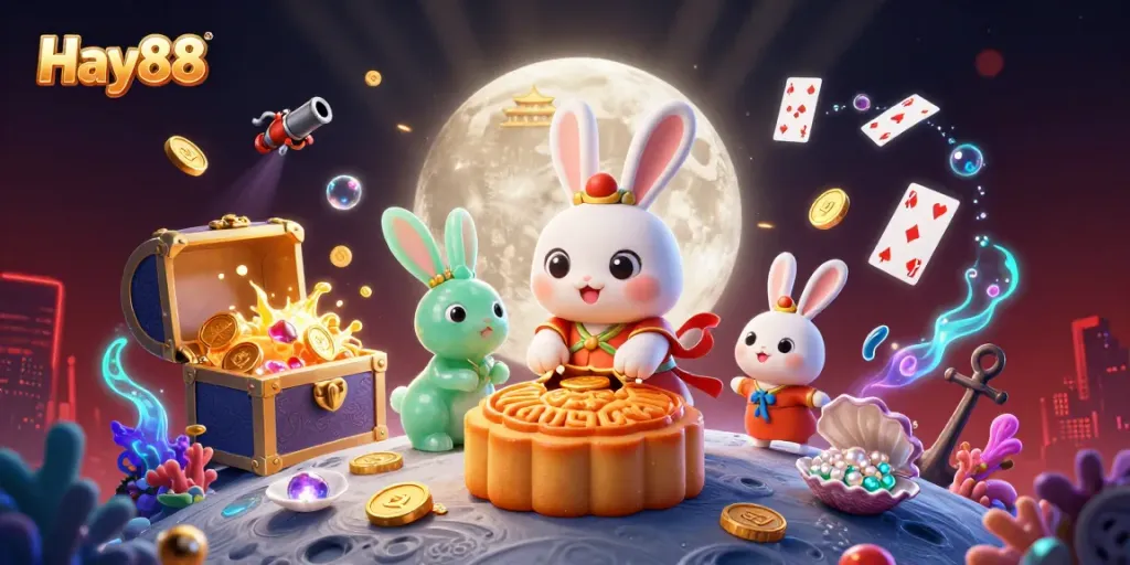 Join the action at Hay88 with a captivating scene featuring the moon rabbit, poker chips, and vibrant gaming elements.