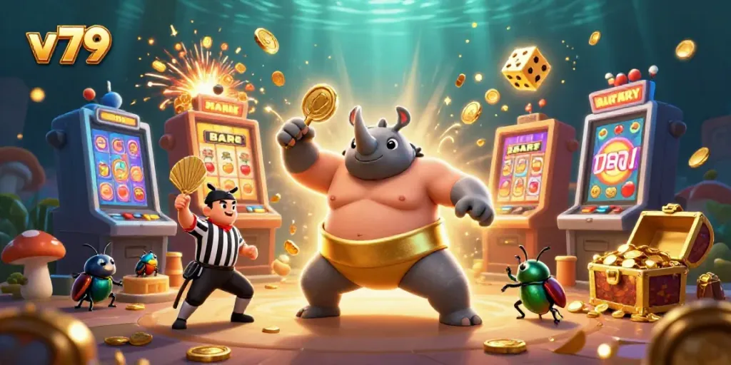 Experience thrilling action with v 79's cartoon beetles in a vibrant casino scene filled with gold and excitement