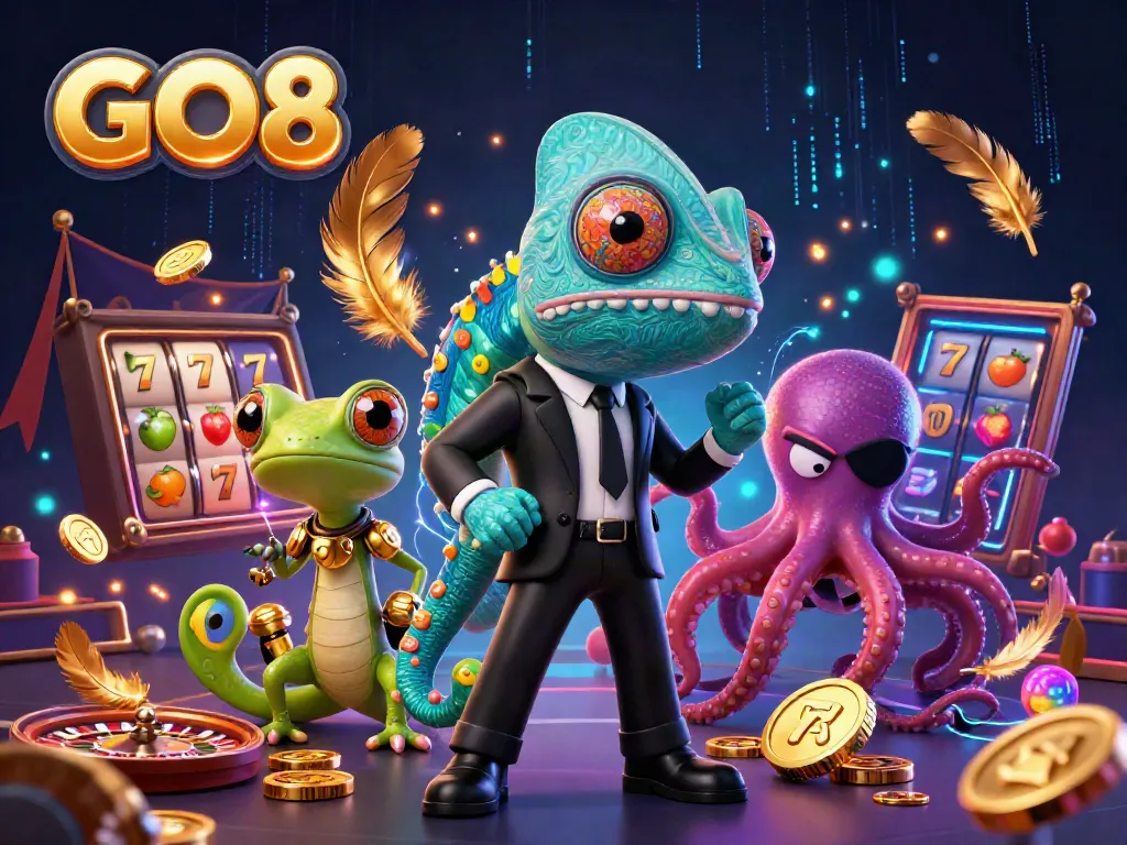 Experience the thrill of GO8 in a dynamic casino scene with engaging cartoon characters.