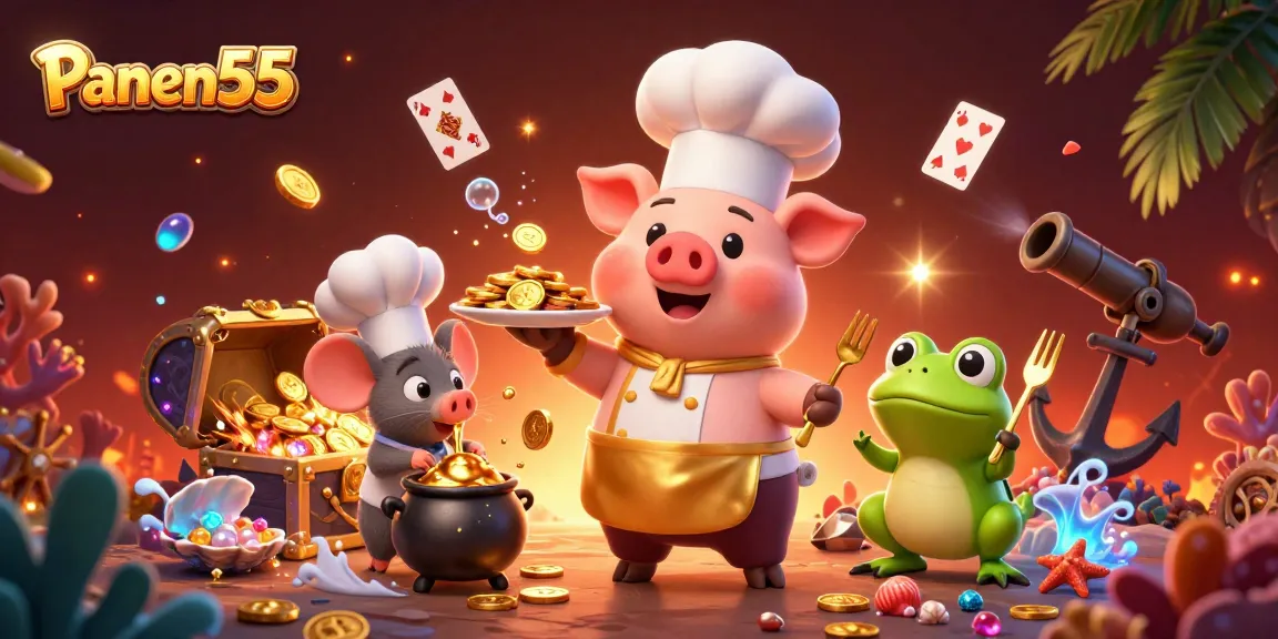 Engage with Panen55's vibrant casino world featuring a chef pig serving gold coins.