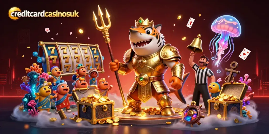 Join the excitement at creditcardcasinosuk with a tiger shark gladiator amidst bursting treasure chests, showcasing online gambling!
