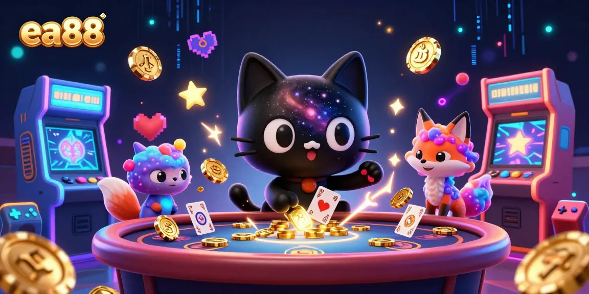 ea88 cosmic casino with a black hole cat and nebula fox attracting golden chips