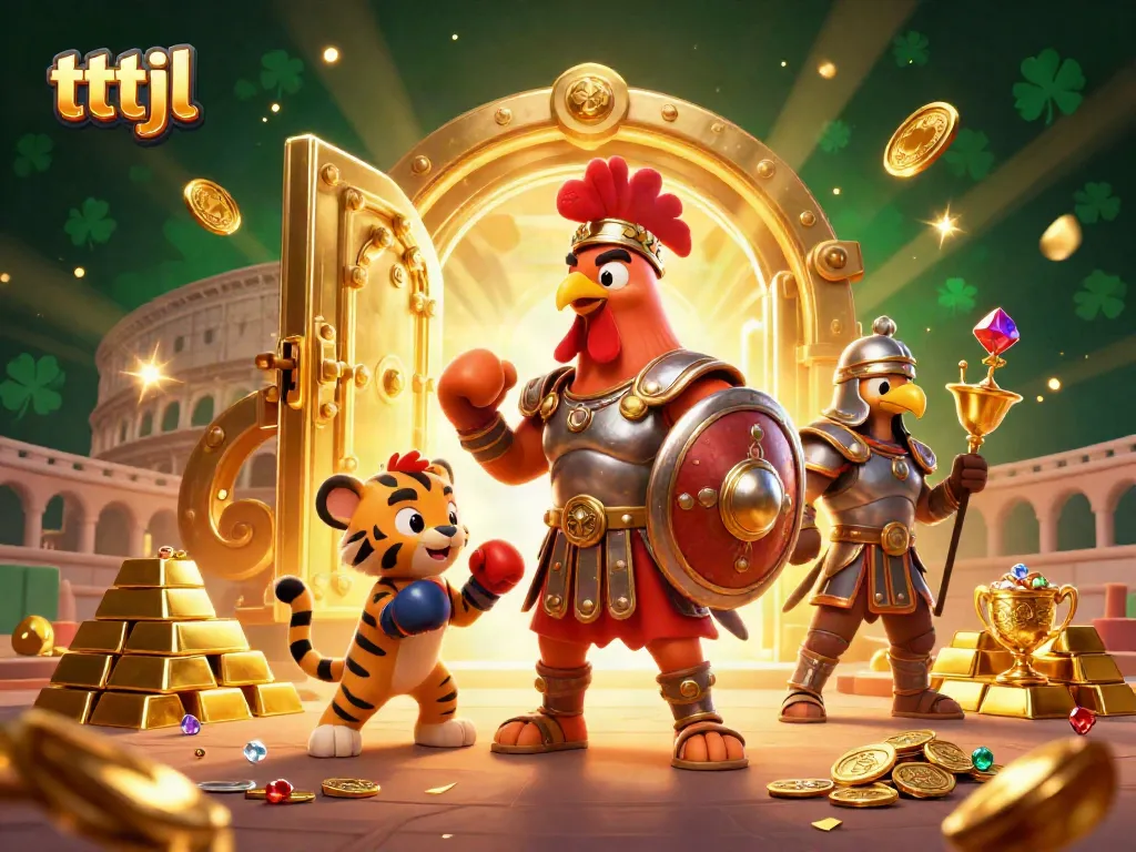 Engage in thrilling gameplay with tttjl's vibrant 3D casino scene featuring a gladiator rooster.