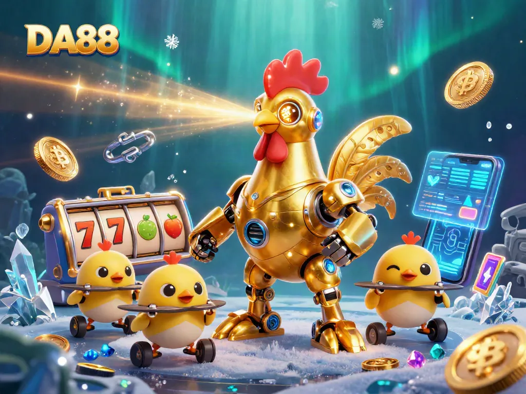 Play and win with DA88 at a dynamic cartoon casino featuring vibrant slot machines and crypto elements.