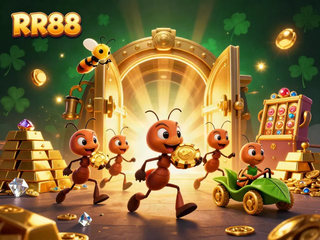 RR88 ants heist scene with golden poker chips, surrounded by treasure and casino elements.