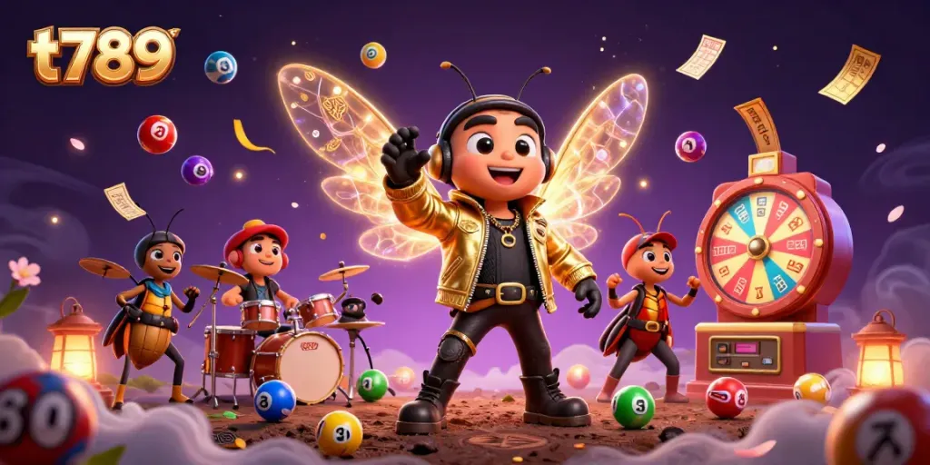 Play and win with t789's vibrant digital gaming experience featuring dynamic lottery elements and a rock star theme.