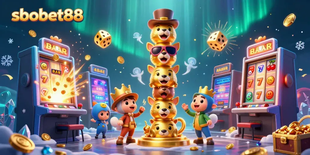 Catch thrilling sbobet88 betting opportunities in a vibrant online casino scene with a golden totem pole and jackpot effects.