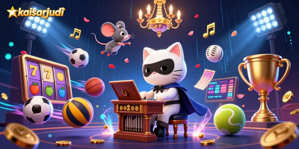 Kaisarjudi login introduces exciting gameplay with a phantom cat at a casino organ surrounded by vibrant slots and sports elements.