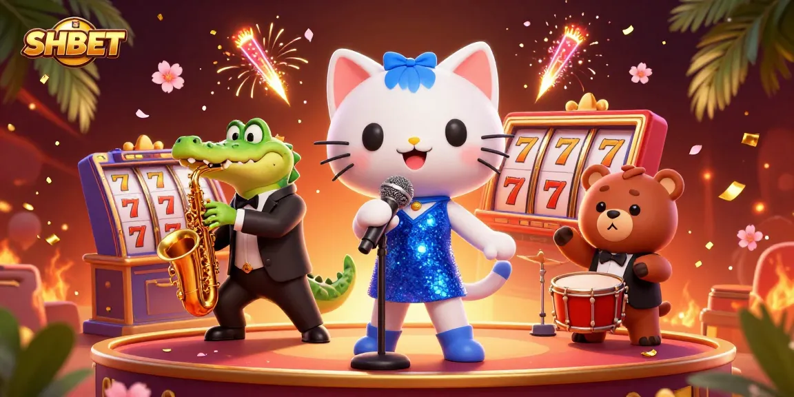 Engage with SHBET's vibrant casino scene featuring a lively jazz-singer cat, saxophone crocodile, and bear cub.