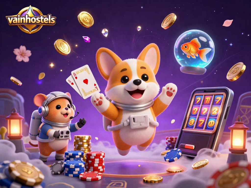 Engage with vainhostels at a vibrant space station casino featuring a corgi, hamster, and floating goldfish.