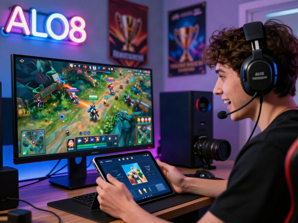 Engaged user playing ALO8 on a tablet in a vibrant gaming setup