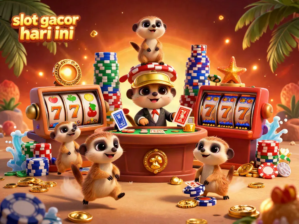 Meerkats menjalankan kasino dengan tema slot gacor hari ini dan tumpukan chip besar.