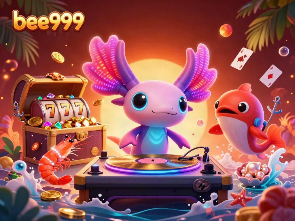 Experience the vibrant party at bee999's underwater casino with DJ axolotl, shrimp dancers, and golden treasures.