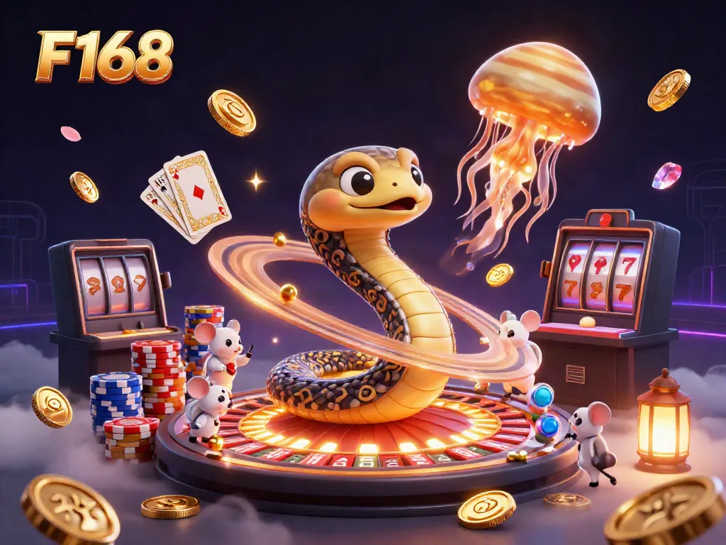 Action-packed F168 scene with a Saturn snake using rings as a roulette wheel with casino elements.
