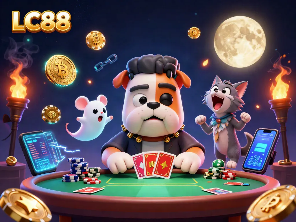 LC88 poker scene featuring a Frankenstein bulldog, ghost mouse, and werewolf kitten with vibrant casino elements.