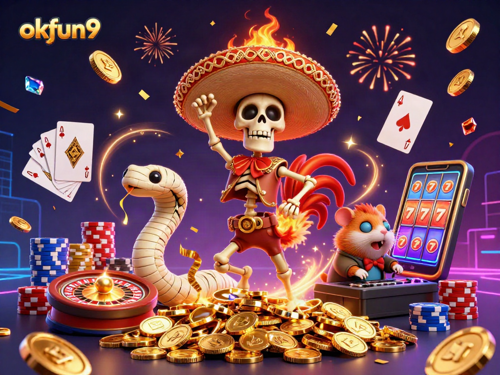 Explore exciting casino fun with okfun9 as a cartoon mariachi rooster dances among golden coins.