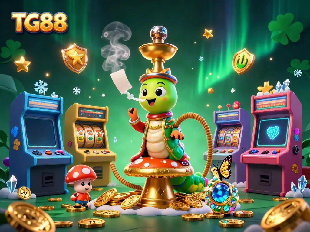 Experience TG88 with dynamic slot games and a vibrant casino atmosphere illustrated by a whimsical scene.