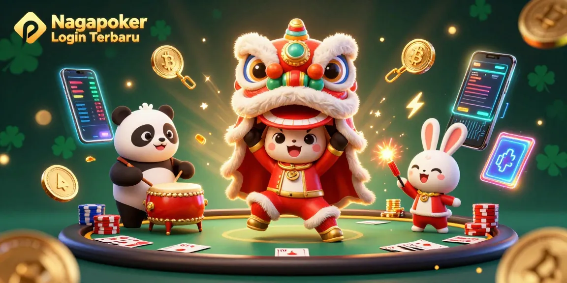 Nagapoker Login Terbaru showcases a lively poker scene with vibrant characters and crypto elements.