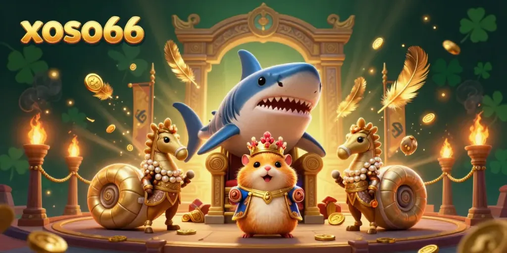 Experience the excitement of xoso66 with golden hamster king and seahorse guards in a lavish setting.