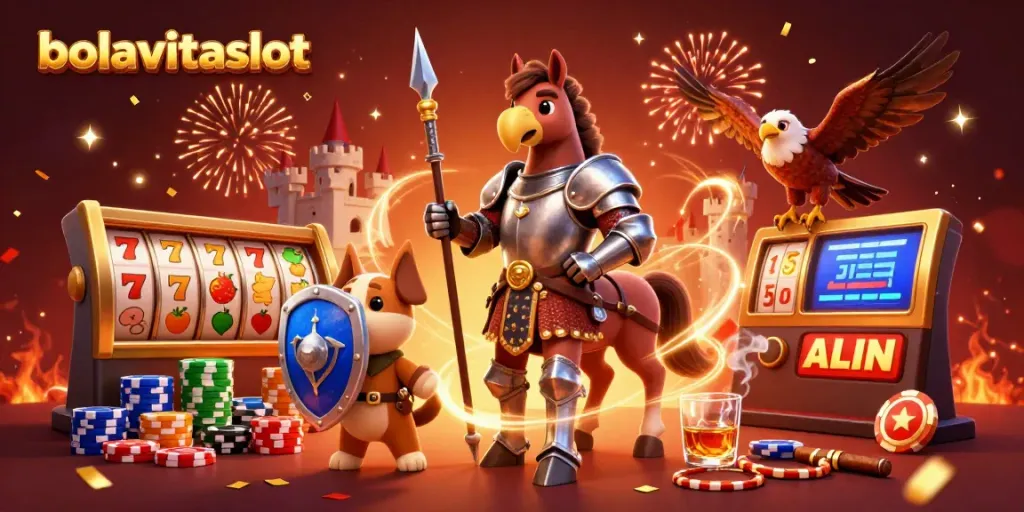 Experience exciting gameplay with bolavitaslot, featuring a medieval knight, puppy squire, and a falcon amidst vibrant slot symbols.