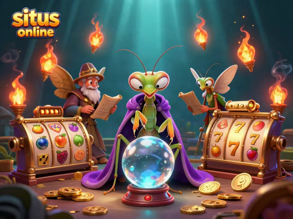 Gambarkan pengalaman situs slot online dengan makhluk magis yang memandu pemain melalui jackpot dan simbol kemenangan.